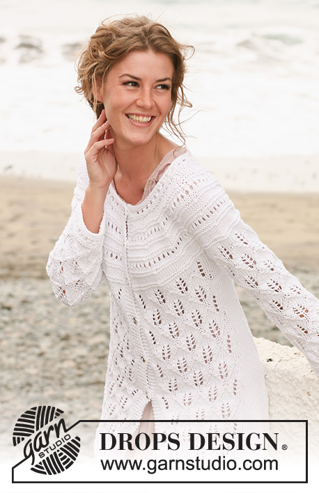 From the Coast / DROPS 128-28 - Knitted DROPS jacket with lace pattern and round yoke in Paris. Size: S - XXXL.