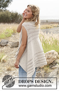 Wheatfield Vest / DROPS 129-23 - Chaleco DROPS de punto, con patrón de calados, tejido lateralmente en “Bomull-Lin”. Talla: S – XXXL.