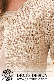 Meringue / DROPS 130-11 - Gestrickte DROPS Jacke mit Struktur- und Lochmuster in „Muskat”. Grösse S - XXXL. 