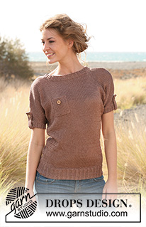 Safari / DROPS 130-5 - Gestrickter Pullover mit kurzen Ärmeln, Brusttasche und Ärmellaschen in DROPS Cotton Viscose oder DROPS Safran. Grösse S - XXXL.