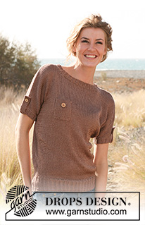 Safari / DROPS 130-5 - Gestrickter Pullover mit kurzen Ärmeln, Brusttasche und Ärmellaschen in DROPS Cotton Viscose oder DROPS Safran. Grösse S - XXXL.