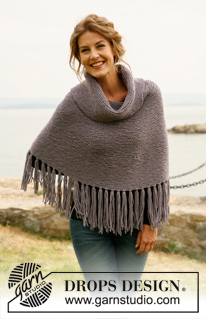 Pompom / DROPS 134-15 - Knitted DROPS hat in garter st with pompom and poncho with fringes and large collar in ”Nepal”. Size: S to XXXL  