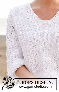 Summer Breeze / DROPS 136-22 - Pulóver DROPS tejido con raglán en 1 hilo “Ice” o 2 hilos “Cotton Light”, con cuello-V y resorte en 2 hilos “Cotton Viscose”. Talla: S – XXXL.