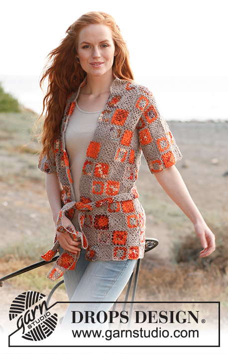 Country Sun / DROPS 139-21 - Saco DROPS, en ganchillo / crochet, con aplicaciones en “Fabel”. Talla: S – XXXL.