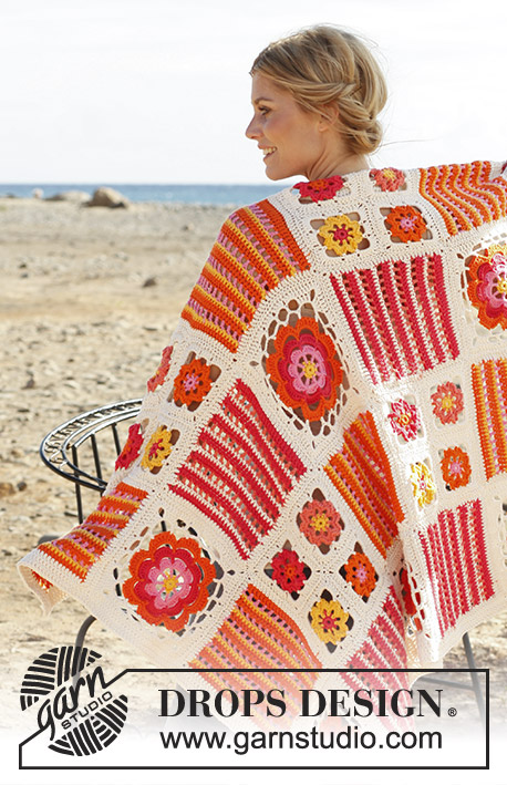 Orange Blossom / DROPS 139-39 - Frazada DROPS, en ganchillo / crochet, con diferentes aplicaciones en “Paris”.