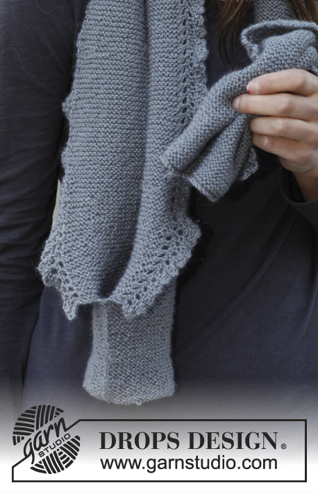 Emily / DROPS 140-38 - Knitted DROPS beret and scarf in garter st with lace edges in ”BabyAlpaca Silk”.