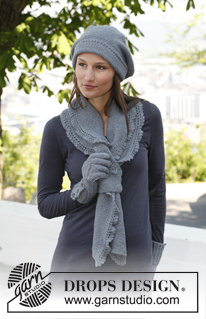 Emily / DROPS 140-38 - Knitted DROPS beret and scarf in garter st with lace edges in ”BabyAlpaca Silk”.