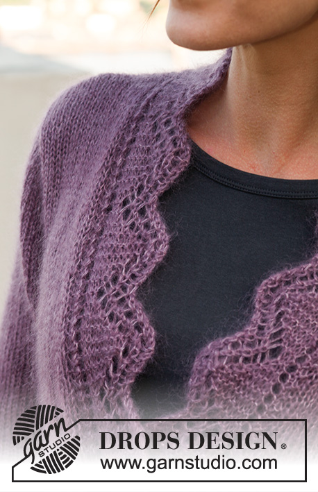Meredith / DROPS 141-20 - Saco DROPS, de punto, con orilla en patrón de calados, en 2 hilos “Kid-Silk”. Talla: S – XXXL.