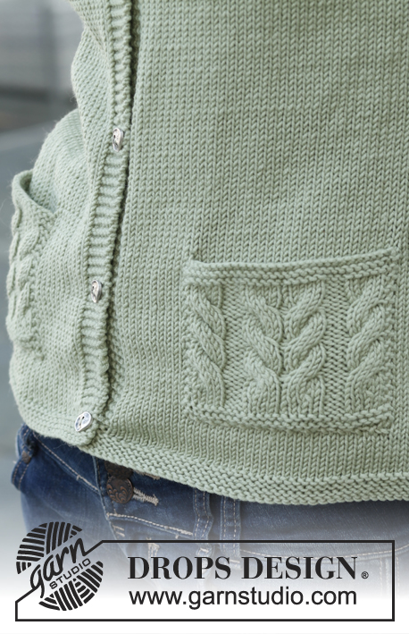 Rachel / DROPS 141-36 - Saco DROPS, de punto, con torsadas en los bolsillos, en “Merino Extra Fine” o “Belle”. Talla: S – XXXL.