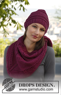 Aubergine / DROPS 142-29 - Gorro y chal DROPS tejidos con patrón simple para realzar textura, en “Karisma”.