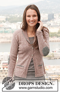 Office / DROPS 142-31 - Saco DROPS, de punto, con bolsillos falsos, parches en los codos y cuello chal en “Fabel”. Talla: S – XXXL.