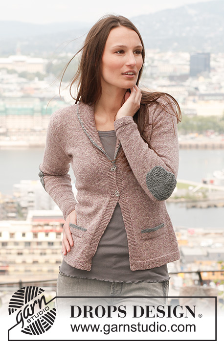 Office / DROPS 142-31 - Saco DROPS, de punto, con bolsillos falsos, parches en los codos y cuello chal en “Fabel”. Talla: S – XXXL.
