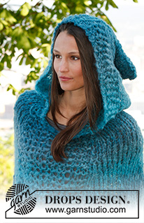 Saint Tropez / DROPS 143-37 - Poncho con capucha DROPS, de punto, en 2 hilos “Verdi”. Talla: S – XXXL.