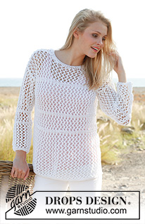 Everyday / DROPS 145-12 - Strikket DROPS bluse i ”Bomull-Lin” eller ”Paris” med hulmønster. Str S - XXXL.
