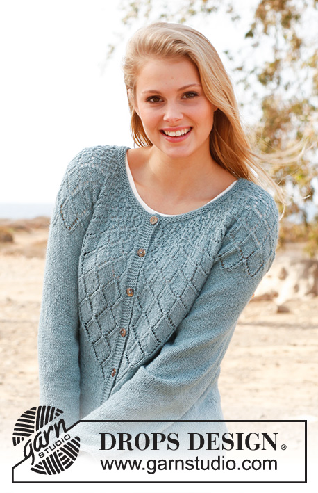 Penny / DROPS 145-16 - Kootud DROPSi pitsmustriga ümara passeosaga jakk BabyAlpaca Silk lõngast. Suurused S kuni XXXL.