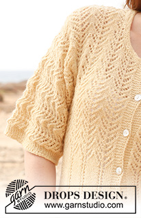 Vintage lace / DROPS 146-30 - Casaco DROPS com mangas curtas, ponto de ajours e bolsos, em  ”Alpaca”. Do S ao XXXL.
