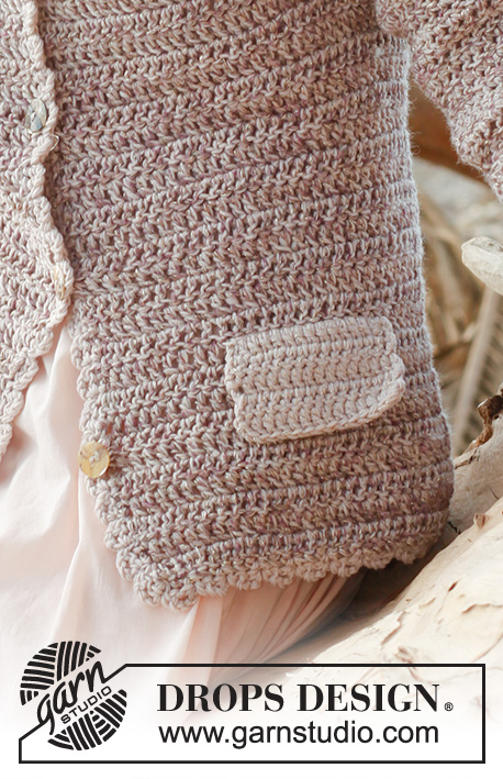Coco / DROPS 148-16 - Gehäkelte DROPS JACKE in „Fabel“, „BabyMerino“ und „Glitter“. Größe S - XXXL.