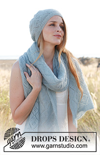 Cascade / DROPS 148-18 - Knitted DROPS scarf and hat with lace pattern in ”Kid-Silk”. 