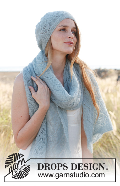 Cascade / DROPS 148-18 - Knitted DROPS scarf and hat with lace pattern in ”Kid-Silk”. 