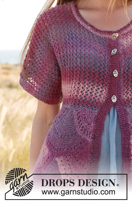 Evelyn / DROPS 148-37 - Knitted DROPS jacket with short sleeves, lace pattern and fans in ”Delight”. Size: S - XXXL.