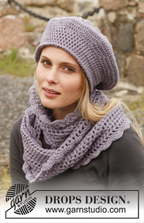 Victoriana / DROPS 149-8 - De set bevat: Gehaakte DROPS baret en halswarmer van ”Karisma”.
