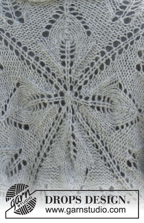 Rose des Vents / DROPS 150-11 - Quadratförmig gestrickte DROPS Jacke in ”Merino Extra Fine” und “Kid-Silk” mit Lochmuster am Rücken und Blattmuster entlang den Blenden. Größe S - XXXL.