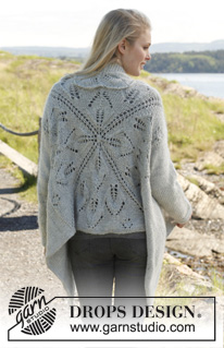 Rose des Vents / DROPS 150-11 - Quadratförmig gestrickte DROPS Jacke in ”Merino Extra Fine” und “Kid-Silk” mit Lochmuster am Rücken und Blattmuster entlang den Blenden. Größe S - XXXL.