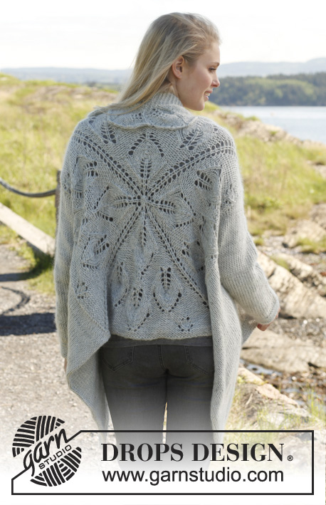 Rose des Vents / DROPS 150-11 - Quadratförmig gestrickte DROPS Jacke in ”Merino Extra Fine” und “Kid-Silk” mit Lochmuster am Rücken und Blattmuster entlang den Blenden. Größe S - XXXL.