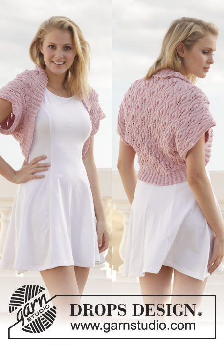 Bellevue / DROPS 155-36 - DROPS bolerko s lístkovým vzorem pletené z příze Cotton Merino. Velikost: S-XXXL. 
