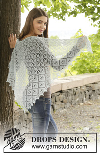 First Frost / DROPS 156-2 - DROPS pitsineulehuivi. Kuvassa lankaryhmän A ”Lace”- ja ”BabyAlpaca Silk” -langoista neulottu huivi.
