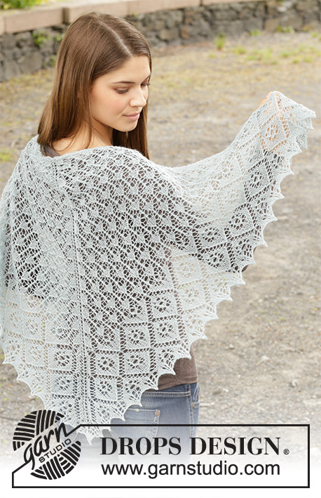First Frost / DROPS 156-2 - DROPS pitsineulehuivi. Kuvassa lankaryhmän A ”Lace”- ja ”BabyAlpaca Silk” -langoista neulottu huivi.