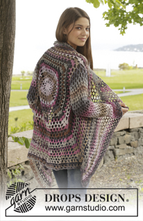 Around the World / DROPS 156-42 - Gehäkelte DROPS Jacke in ”Big Delight” mit Lochmuster. Größe S - XXXL