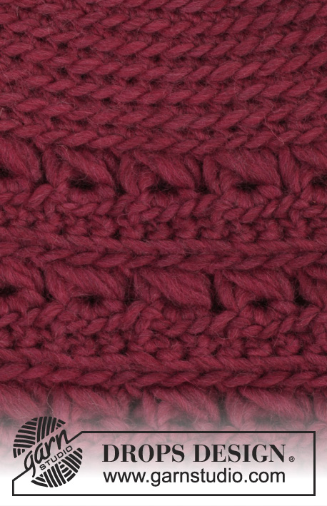 Cozy Crimson / DROPS 158-13 - Virkad DROPS mössa och halsvärmare i ”Snow” med kvastskaftsmönster.