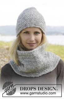 Emmie Gray / DROPS 158-34 - Strikket DROPS hue og hals i ”Cloud” eller ”Snow” med fiskebensmønster.