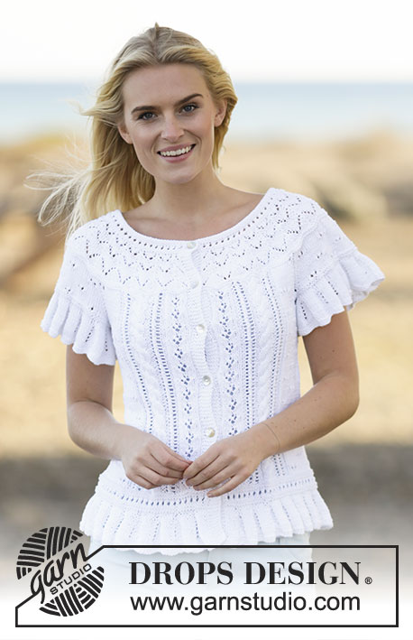 White Romance Cardigan / DROPS 159-11 - Knitted DROPS jacket with lace pattern, short sleeves and round yoke in ”Safran”. Size: S - XXXL.