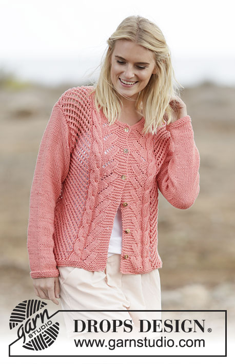 Sweet Peach Cardigan / DROPS 159-15 - Casaco DROPS com ponto rendado e tranças, em ”Paris”. Do S ao XXXL.