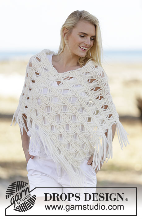 Late in August / DROPS 159-17 - Gestrickter Poncho in 1 Faden DROPS Cloud oder 2 Fäden DROPs Air mit Krausrippen und indischen Kreuzmaschen. Größe S - XXXL.