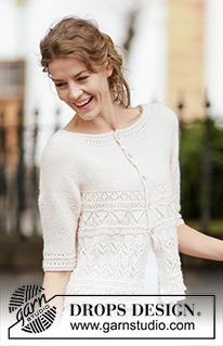 Timeless Beauty Cardigan / DROPS 160-8 - Chaqueta DROPS en punto musgo con patrón de calados y pechera redonda, tejida de arriba abajo en “BabyAlpaca Silk”. Talla: S – XXXL.