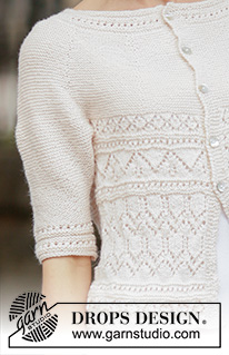 Timeless Beauty Cardigan / DROPS 160-8 - Chaqueta DROPS en punto musgo con patrón de calados y pechera redonda, tejida de arriba abajo en “BabyAlpaca Silk”. Talla: S – XXXL.