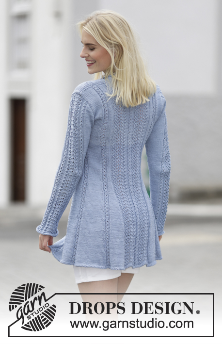 Blue Bird Song / DROPS 161-1 - Knitted DROPS jacket with lace pattern and shawl collar in ”Muskat” or Belle. Size: S - XXXL.