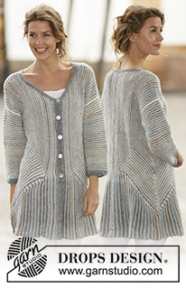 Lady Grey / DROPS 161-25 - Chaqueta de punto DROPS en punto musgo con rayas y cuadrados dominó en ”Fabel”. Talla: S - XXXL.