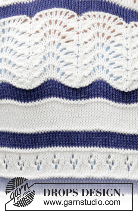 Nautical Waves / DROPS 161-31 - Knitted DROPS jumper with lace pattern and stripes in ”Cotton Light”. Size: S - XXXL.