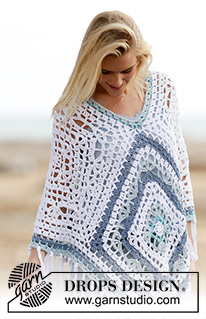 Bohemian Blues / DROPS 162-2 - Crochet DROPS poncho in Paris. One-size