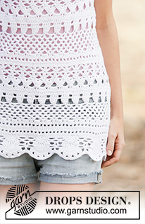 Lacey Days / DROPS 162-6 - DROPS Cotton Merino lõngast ülevalt alla heegeldatud ümara passeosaga ja pitsmustriga topp suurustele S kuni XXXL
