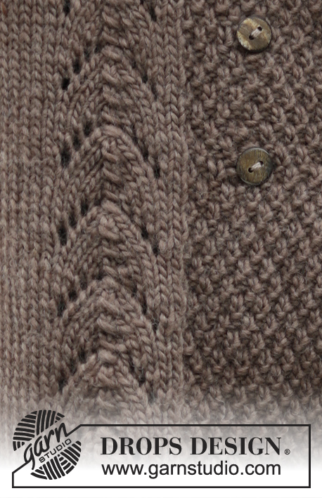Into The Woods / DROPS 164-1 - Chaqueta DROPS en punto musgo, punto de arroz doble y patrón de calados, con capucha, en “Snow”. Talla: S – XXXL.