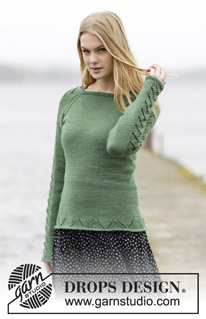 Green Forest / DROPS 164-14 - Knitted DROPS jumper with raglan and lace pattern in ”Cotton Merino” or Belle. Size: S - XXXL.