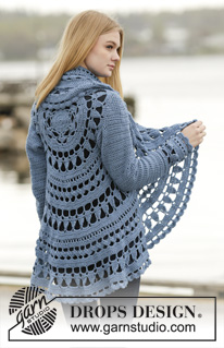 Sea Glass / DROPS 164-16 - Gehäkelte Kreisjacke in DROPS Merino Extra Fine oder DROPS Sky mit Lochmuster. Größe S - XXXL.