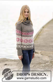 Sweet Winter / DROPS 164-19 - Pulóver de punto DROPS con patrón de jacquard nórdico, pechera redonda, cuello alto y resorte, tejido de arriba para abajo en 2 hilos “Brushed Alpaca Silk” o 1 hilo “Melody”. Talla: S – XXXL.