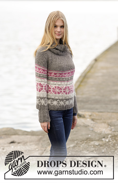 Sweet Winter / DROPS 164-19 - Pulóver de punto DROPS con patrón de jacquard nórdico, pechera redonda, cuello alto y resorte, tejido de arriba para abajo en 2 hilos “Brushed Alpaca Silk” o 1 hilo “Melody”. Talla: S – XXXL.