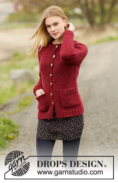 Winter Wine Cardigan / DROPS 164-21 - Gebreid DROPS vest met raglan en zakken van ”Air”. Wordt van boven naar beneden gebreid. Maat: S - XXXL.
